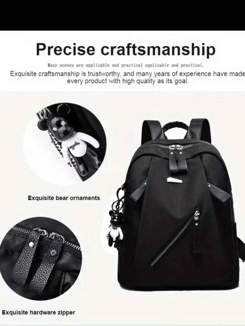 Black Casual Backpack with Front Zip Pocket